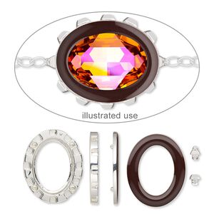 Mount 1pkg1, Miracle Mount&trade;, enamel and silver-finished "pewter" (zinc-based alloy), brown, 39x32mm oval with 30x22mm oval setting. 18-piece set.