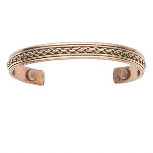 Bracelet, cuff, copper and brass, 10mm wide with chain link design, 7 to 7-1/2 inches with magnetic ends. Sold individually.