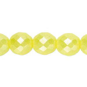 Bead, Czech fire-polished dipped d&eacute;cor glass, pkg/15-1/2 to 16 inches, 12mm faceted round, opaque pearlescent light yellow, (00030-02383).