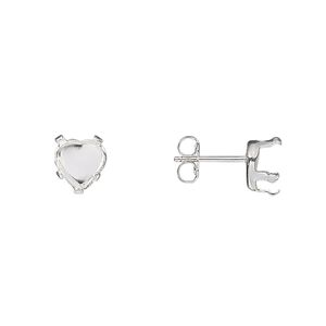 Earstud 1pkg4 Snap-Tite&reg; sterling silver, 6mm heart 5-prong setting / earnuts, 2 pair