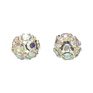 Bead 1pkg6 imitation rhodium-plated, 12mm round, brass / Egyptian glass rhinestone / clear AB
