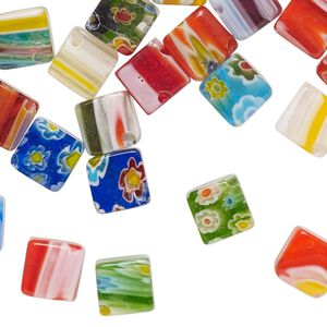 Bead mix, millefiori glass, opaque to transparent multicolored, 8mm cube with 0.4-0.6mm hole. Sold per 2-ounce pkg, approximately 55-60 beads.