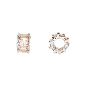 Bead 1pkg2 silver-plated, 10.5x6mm rondelle, brass / topaz cubic zirconia