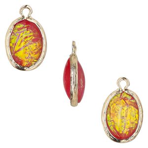 Drop, Opalized Ice&trade;, "opal" (resin) and gold-finished brass, orange, 16x12mm double-sided oval. Sold per pkg of 4.