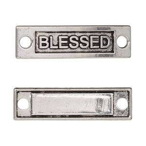 Link, antique silver-finished "pewter" (zinc-based alloy), 36x10mm single-sided curved flat rectangle with "BLESSED." Sold per pkg of 2.