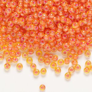 Seed bead, Preciosa Ornela, glass, translucent pink-lined luster yellow amber, #8 rocaille. Sold per 50-gram pkg.