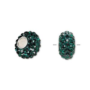 Bead 1pkg1 sterling silver, 13x8mm-14x8mm rondelle, epoxy / glass rhinestone / green Dione&reg;