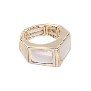 Ring, stretch, mother-of-pearl shell (bleached) and gold-finished "pewter" (zinc-based alloy) 1pkg1, white, 12mm wide with square, size 6 to 6.5.