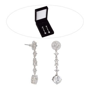 Earring, cubic zirconia / stainless steel / rhodium-finished brass, clear, 2 inches with post. Sold per pair.