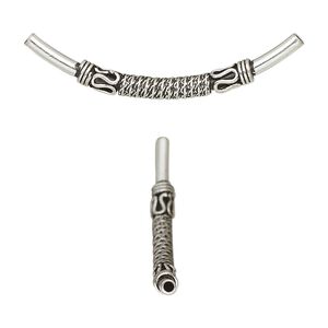 Bead 1pkg1 sterling silver, 37x3mm curved tube / rope, antiqued