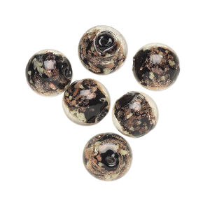 Bead, lampworked glass, clear / black / glow-in-the-dark / gold, 10mm round. Sold per pkg of 6.