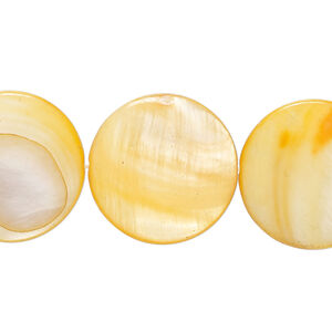 Mother-of-pearl shell 1pkg1, puffed flat round bead 15 inch light orange 19-20mm