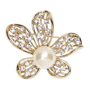 Brooch, glass rhinestone / glass pearl / gold-finished "pewter" (zinc-based alloy), white and clear, 43x37mm flower. Sold individually.