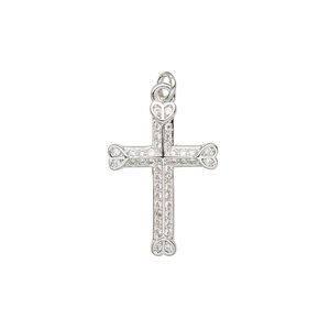 Drop, cubic zirconia and imitation rhodium-plated brass, clear, 20.5x15mm single-sided cross with heart design. Sold individually.