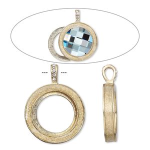 Pendant, Almost Instant Jewelry&reg;, epoxy / crystals / gold-finished "pewter" (zinc-based alloy), crystal clear with glitter, 45x35mm single-sided with 30mm round setting. Sold individually.