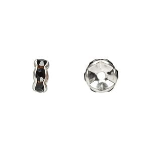 Bead 1pkg10 silver-plated, 8x4mm rondelle, brass / black rhinestone