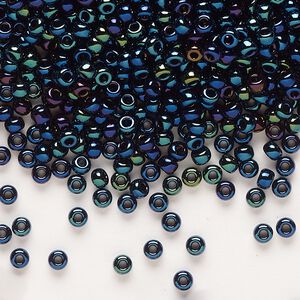Seed bead, Miyuki, glass, pkg/50g, #8 rocaille, opaque metallic iris dark blue (RR-452).