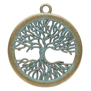 Focal, antique brass-finished "pewter" (zinc-based alloy), green patina, 42mm single-sided round with cutout tree. Sold per pkg of 2.