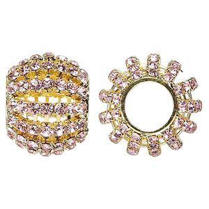 Bead 1pkg1 gold-finished, 25x20mm barrel / 3mm chatons, brass / pink rhinestone