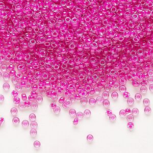 Seed bead, Miyuki, glass, pkg/250g, #11 rocaille, translucent fuchsia-lined luster crystal clear (RR-209).