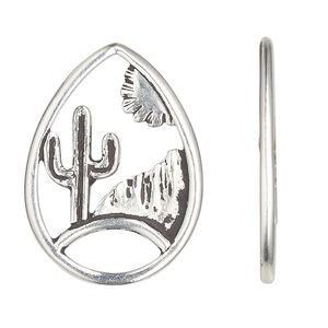 Focal, TierraCast&reg;, antique silver-plated pewter (tin-based alloy), 33x24mm teardrop with desert landscape design. Sold per pkg of 10.