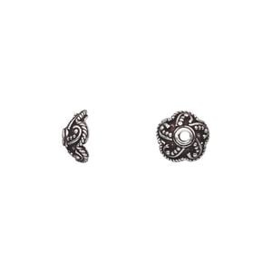 Bead cap, antiqued sterling silver, 9x3mm scalloped round with Bali design, fits 8-10mm bead. Sold per pkg of 2.