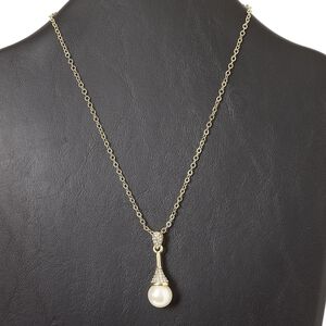 Necklace, gold-finished "pewter" (zinc-based alloy) and steel / glass rhinestone / freshwater pearl shell (bleached), clear and white, 1-1/2 inch dangle, 15" to 16" necklace with lobster claw clasp and 3-inch extender chain. Sold individually.