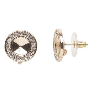 Earstud 1pkg2 Almost Instant Jewelry&reg; pewter (tin-based alloy) / cubic zirconia , 15.5mm round / SS39 rivoli glue-in setting / comfort clutch, gold-finished / pink tint / clear 1 pair