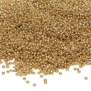 Seed bead, Miyuki 1pkg35g glass, #15 rocaille, Duracoat&reg; opaque galvanized gold / outside dyed (RR-4202)