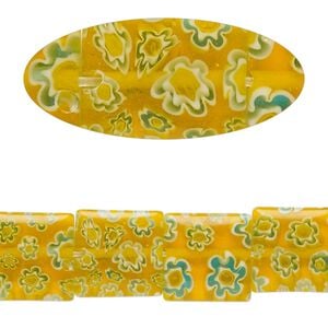 Bead, millefiori glass, translucent orange / blue / white, 11mm-13x12mm puffed square with flower design. Sold per 14-inch strand.