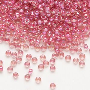 Seed bead, Miyuki, glass, pkg/50g, #8 rocaille, translucent hot pink-lined rainbow crystal clear (RR-355).