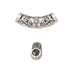 Bead 1pkg6 silver-finished "pewter", 25x9mm curved tube / flower / cutout, antique