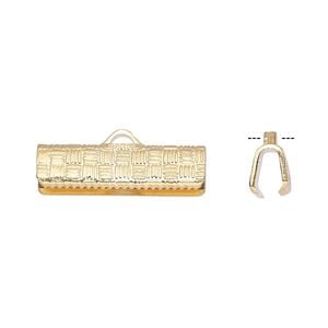 Ribbon crimp end 1pkg10 gold-plated, 19x6mm textured rectangle, brass