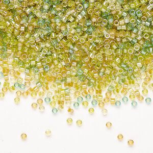 Seed bead, Miyuki Delica&reg;, glass, pkg/7.5g, #11 round, transparent inside dyed color lemon/lime mix (DB0983).