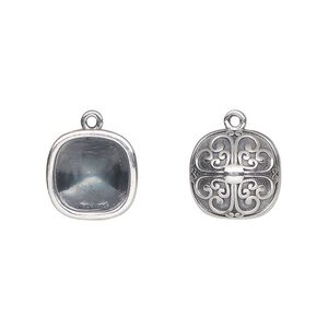 Drop, Almost Instant Jewelry&reg;, antiqued sterling silver, 12.5mm rounded square with 10mm cushion setting and decorative back. Sold individually.