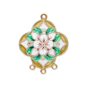 Drop, cloisonn&eacute;, enamel and "vermeil," multicolored, 24.5x24mm flower with 3 loops. Sold individually.