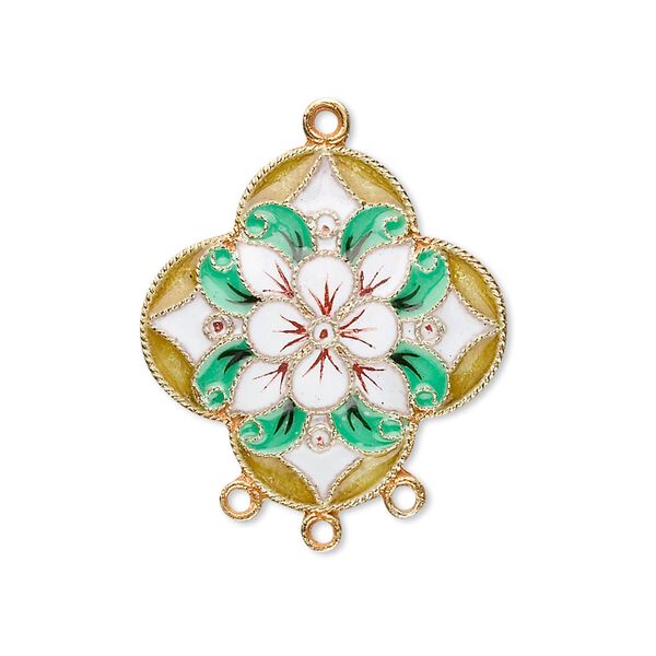 Drop, cloisonn&eacute;, enamel and "vermeil," multicolored, 24.5x24mm flower with 3 loops. Sold individually. image number 0