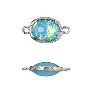 Link, Opalized Ice&trade;, "opal" (resin) and imitation rhodium-finished brass, opaque light blue, 16x12mm double-sided oval. Sold per pkg of 4.