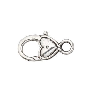 Clasp lobster claw 1pkg6 silver-plated "pewter" (zinc alloy), 21x12.5mm double-sided heart, antique 1-strand