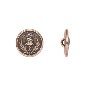 Button, TierraCast&reg;, antique copper-plated pewter (tin-based alloy), 14.5mm round with thistle design. Sold per pkg of 2.