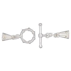 Clasp toggle 1pkg1 silver-plated, 43x12mm / crimp ends / cone crimp / fits up to 0.024 inch wire, brass Screw-Tite Crimps&trade; 2-strand