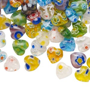 Bead mix, millefiori glass, translucent and transparent multicolored, 7-9mm puffed heart. Sold per 2-ounce pkg, approximately 180 beads.