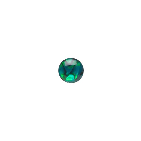 Cabochon, paua shell (dyed / coated), green, 8mm calibrated round, Mohs hardness 3-1/2. Sold per pkg of 6. image number 0