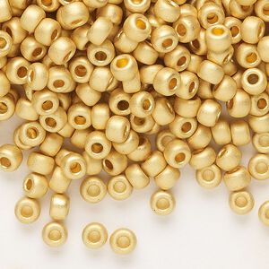 Seed bead, Miyuki, glass, pkg/4g, #6 rocaille, opaque 24Kt gold-plated matte (RR-191F).