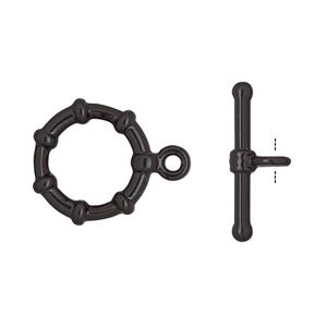 Clasp toggle 1pkg2 "pewter" (zinc alloy), 12mm beaded round, electrocoated black 1-strand