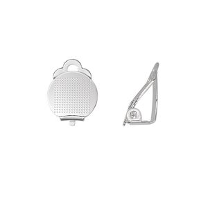 Earring clip-on 1pkg10 silver-plated, 11mm hinged / 11mm round flat pad setting, brass / steel 5 pair