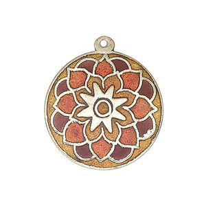 Drop, enamel and gold-finished brass, multicolored, 25-26mm single-sided flat round with flower design. Sold per pkg of 2.