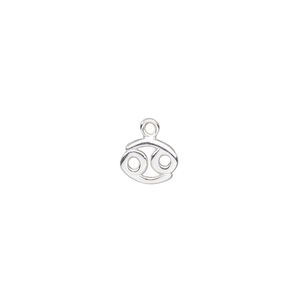 Charm, sterling silver, 8.5x7mm single-sided Cancer zodiac symbol. Sold individually.
