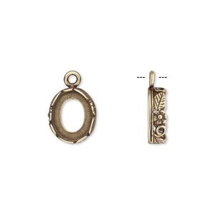 Drop, JBB Findings, antiqued brass, 12x10mm oval with open back and flower and leaf design trim, 10x8mm oval bezel setting. Sold per pkg of 2.