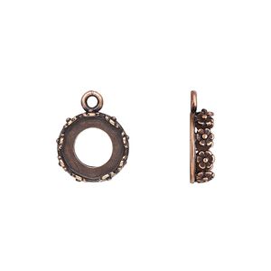 Drop, JBB Findings, antique copper-plated brass, 12mm round with open back and flower design trim, 10mm round bezel setting. Sold per pkg of 2.